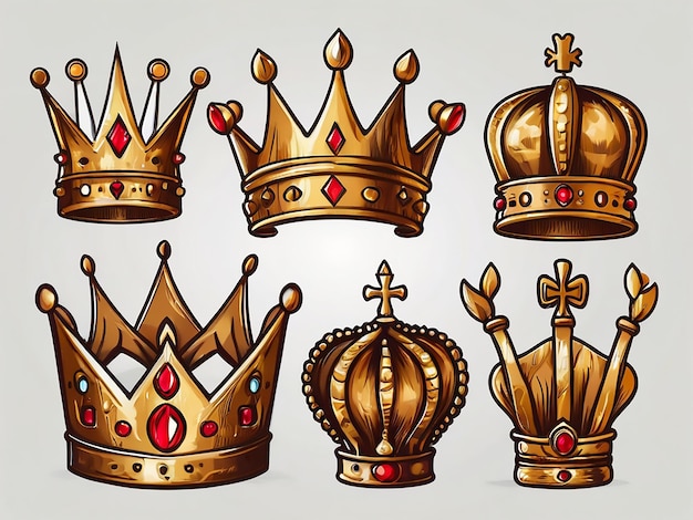 Golden royal crowns decorated with gemstones as diamond ruby sapphire or emerald isolated on white