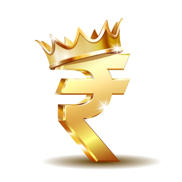 Golden rupee currency icon with golden crown. concept of investment, marketing or savings. power, luxury and wealth. vector illustration isolated on white background