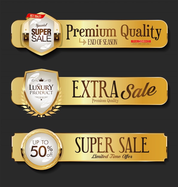 Golden sale labels collection on black background