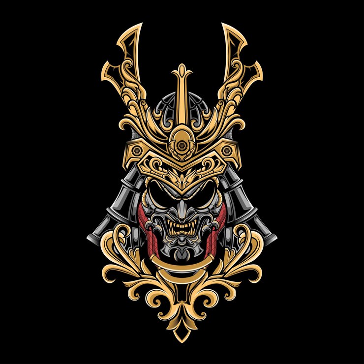 Golden samurai whit oni mask head vector illustration
