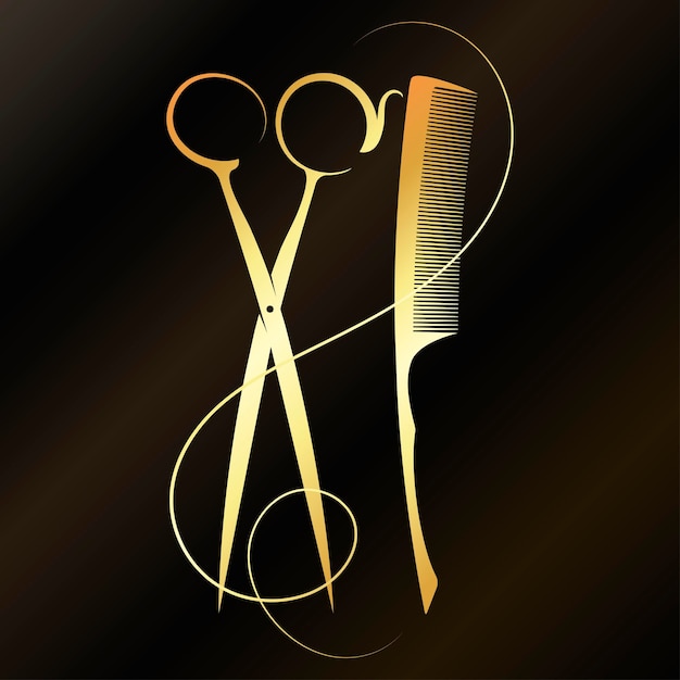 Golden scissors comb and beautiful curls of hair Business card for beauty and hair salon