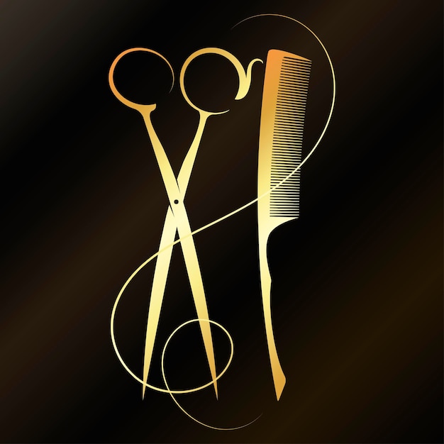 Golden scissors comb and beautiful curls of hair business card for beauty and hair salon