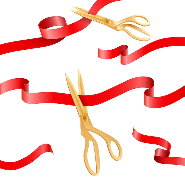 Vector golden scissors cutting ceremony silk ribbons elements for opening ceremony, event concept.