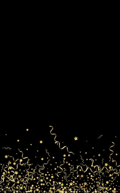 Golden Serpentine Celebrate  Black Background. Party Confetti Illustration. Ribbon Decoration Invitation. Yellow Paper Poster.