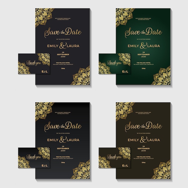 golden set collection geometric oriental luxury royal wedding invitation card design with color variations flyer card