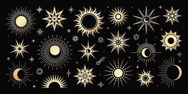Vector golden set of mystical magic different sun and moon. spiritual occultism objects, trendy style.