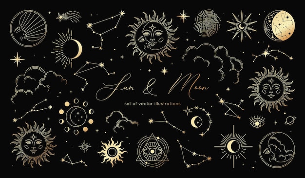 Insieme dorato di sole, luna, stelle, nuvole, costellazioni e simboli esoterici. alchimia elementi magici mistici
