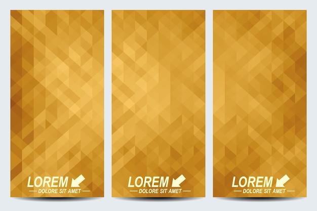 Golden set of vector flyers background with gold triangles flyer web banner card vip certificate gift voucher modern business stylish design