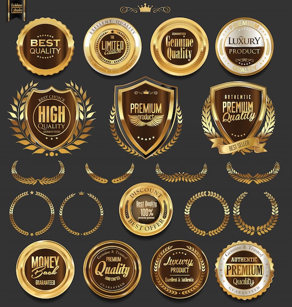 Golden shields laurel wreaths and badges collection