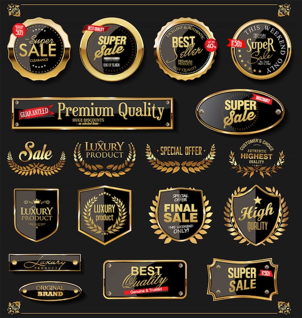 Vector golden shields laurel wreaths and badges collection