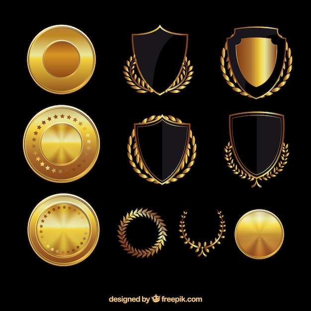 Vector golden shields and medals