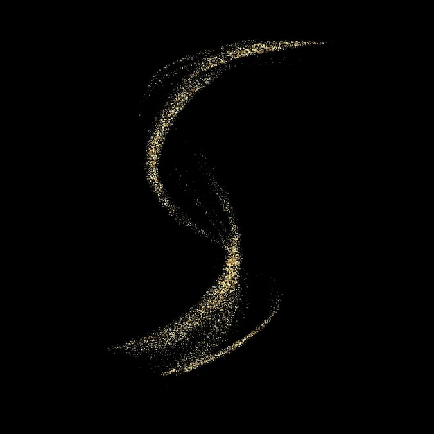 Golden shimmering wave isolated on black background Glittering trail of stardust Abstract motion swirl wave of golden dust