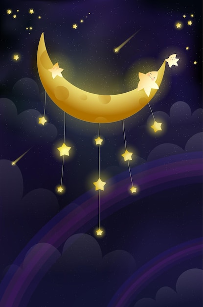 Vettore luna crescente dorata lucida nel cielo stellato dell'arcobaleno