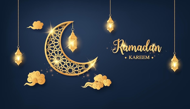 Luna splendente dorata con lanterna appesa, biglietto di auguri ramadan kareem, taglio carta