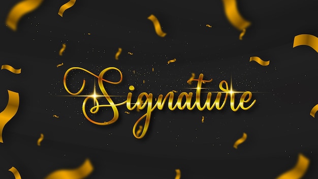 Golden signature editable text effect with black wavy background. black silk luxury background.