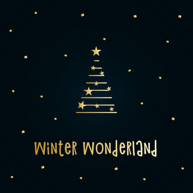 Golden silhouette of a Christmas tree with snow and stars on a dark blue background. Merry Christmas and Happy New Year 2022. Vector illustration. Winter Wonderland.