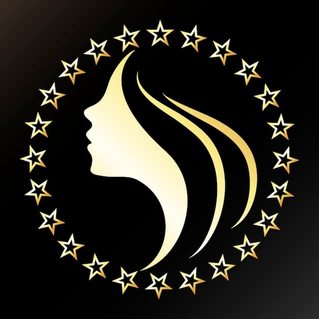 Golden silhouette of the girls face and gold stars Beauty salon and the cabin of hairstyle