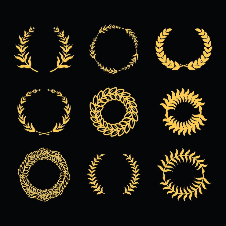 Vector 金色のシルエットの月桂樹の葉状小麦とオリーブの花輪は、賞の成果の紋章を描いています