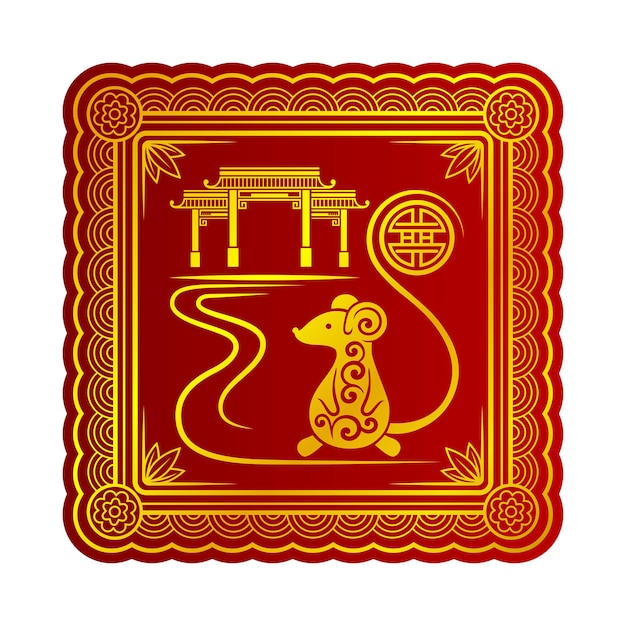 赤い背景の伝統的な中国新年スタイルのパゴダとマウスの金色のシルエットベクトルイラスト