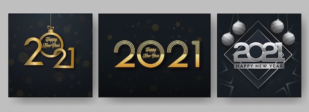 Golden and silver 2021 happy new year text on black background in three options