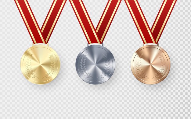 Vector golden silver and bronze medals with laurel hanging on red ribbon