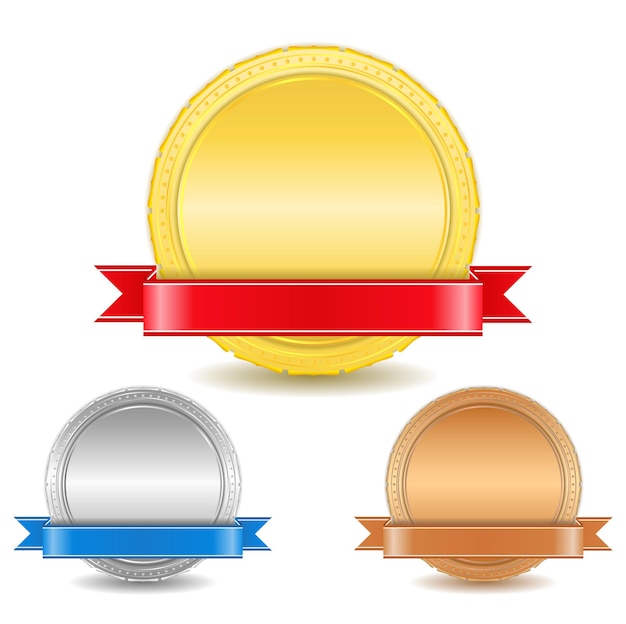 Golden, silver and bronze medals with ribbons