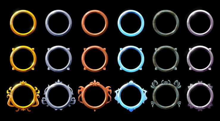 Vector golden silver bronze rusty metal circle frames