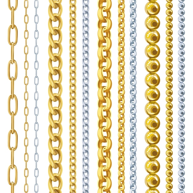 プリントデザインのための白い背景に隔離された黄金と銀のチェーンセット ファッションジュエリーの装飾