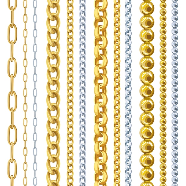 Golden and silver chains set isolated on white background for print design fashion jewelry ornament