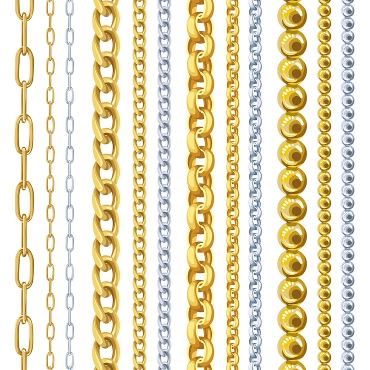 Vector golden and silver chains set isolated on white background for print design fashion jewelry ornament