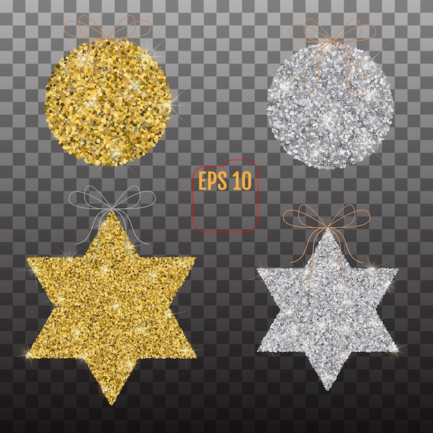 Vector golden  and silver christmas stars and balls isolated on transparent background