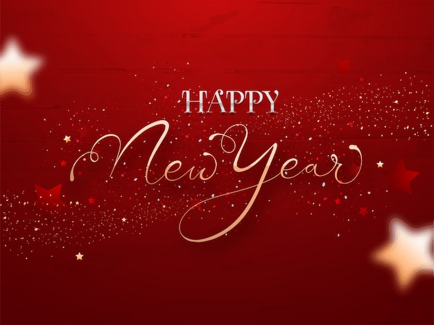 Golden and Silver Text Happy New Year with Confetti on Red Wooden Texture Background