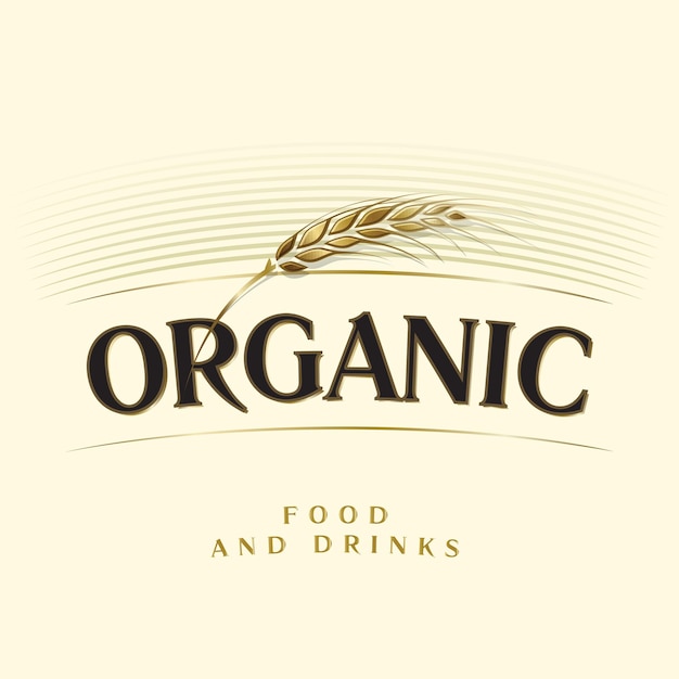 Vector golden single wheat ear and inscription organic food and drink on beige background