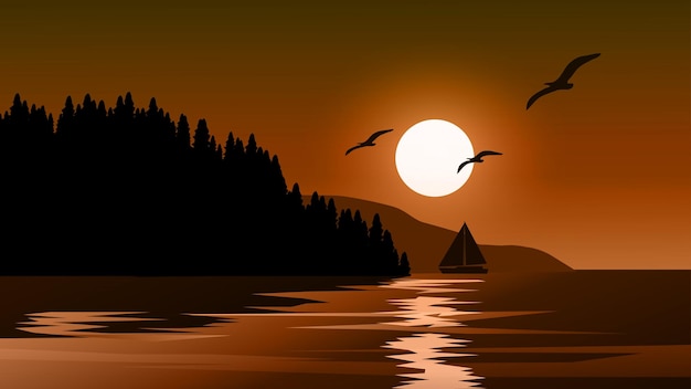 Vector golden sky sunset in coast nature landscape