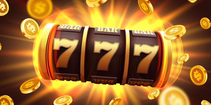 Вектор золотой игровой автомат выигрывает джекпот. 777 концепция большой победы. джекпот казино. векторная иллюстрация