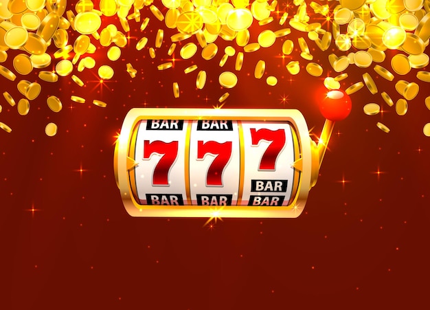 La slot machine dorata vince il jackpot. mucchi di monete d'oro. illustrazione vettoriale isolato su sfondo blu