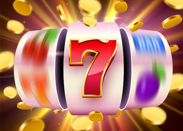 Golden slot machine with flying golden coins wins the jackpot. Big win