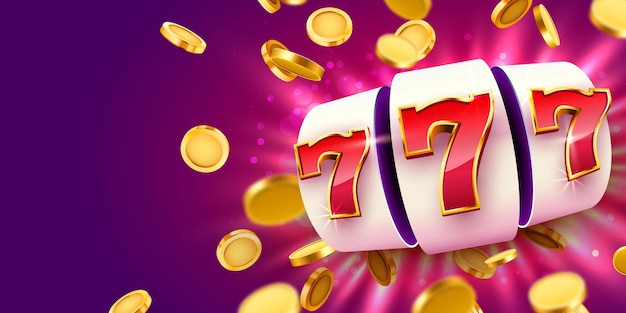 La slot machine dorata con monete d'oro volanti vince il jackpot. grande vincita