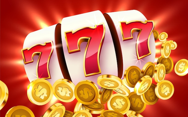 La slot machine dorata con monete d'oro volanti vince il jackpot. grande vincita