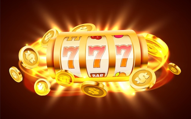 La slot machine dorata con monete d'oro volanti vince il jackpot.