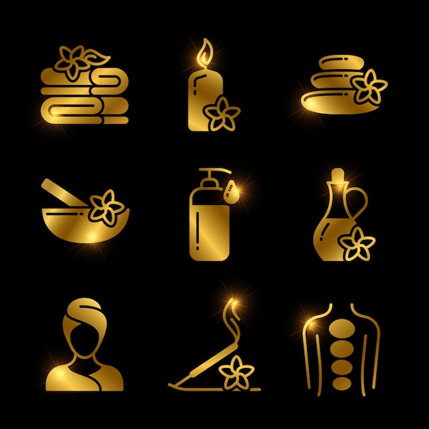 Golden spa, massage, ontspannende vector iconen van set