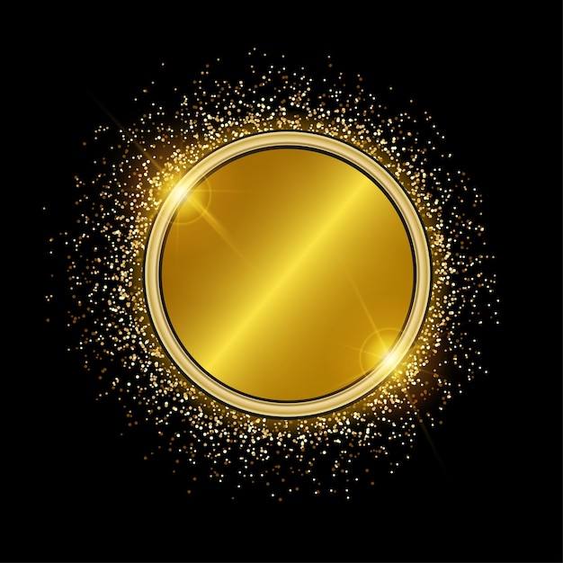 Golden sparkling ring with glitter on black background. Vector luxury and shiny golden frame.