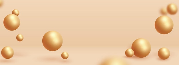 Golden spheres of balls on beige background. Realistic 3d shapes. Horizontal banner, poster, header pattern for the website. vector illustration