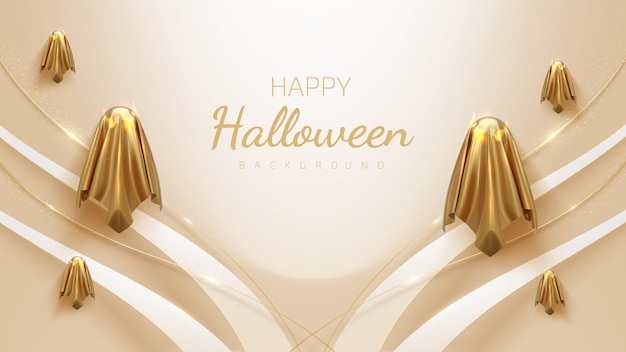 Spirito dorato, design fantasma moderno, sfondo di halloween in stile 3d di lusso. illustrazione vettoriale realistico.