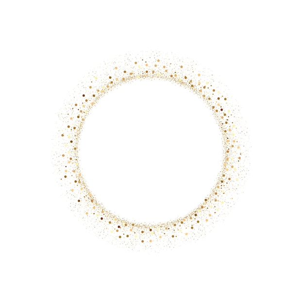 ゴールデン スプラッシュまたはきらびやかなスパンコール ラウンド テキストの空の中心を持つフレーム白い背景の上の小さな不均一な丸いドットで作られた黄金のきらびやかな円
