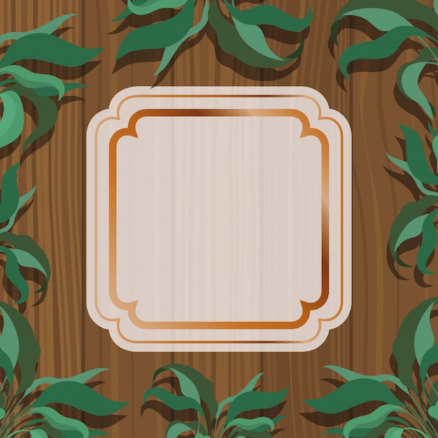 Golden square frame with herbal and wooden background