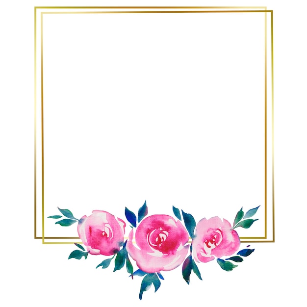 Golden square frame with pink roses floral design wedding monogram watercolor illustrations