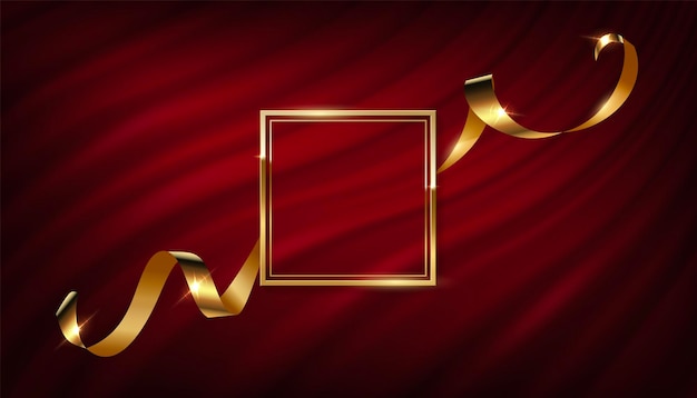 Golden square frame with ribbon on red curtain background