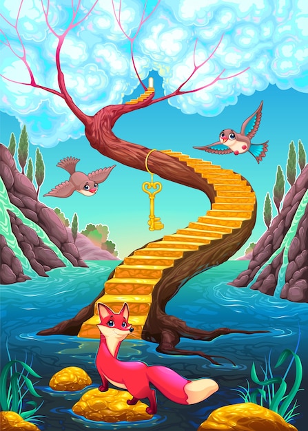 Vector the golden stair cartoon illustration