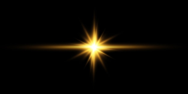 Golden star on a black background the effect of glow and rays of light glowing lights sunvector